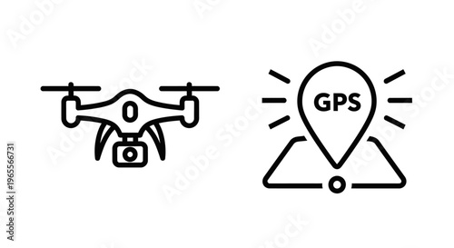 Aerial drone quadcopter icon and gps location map pin symbol, black minimalist line art vector graphics for navigation tracking and remote flight technology concepts isolated on white background desig