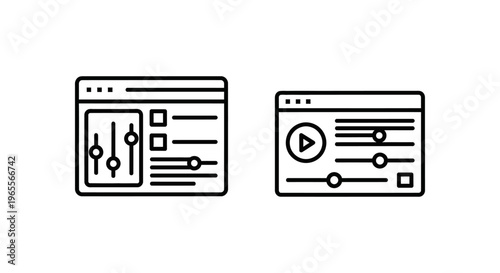 Music playlist dashboard and media console interface icons, black line art vector graphics of digital audio player control panels with sliders and play button for software UI design on white backgroun