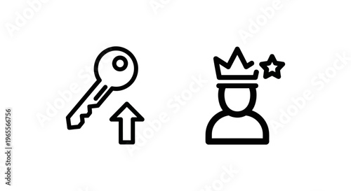 Privileged access icon set featuring a security key with upward arrow and a person wearing a crown with a star, black line art vector graphics for leadership and membership level on white background
