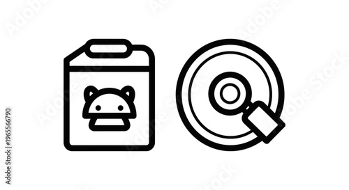 Mobile robot application file and data search icons: vector line art symbols for software, digital storage, and discovery