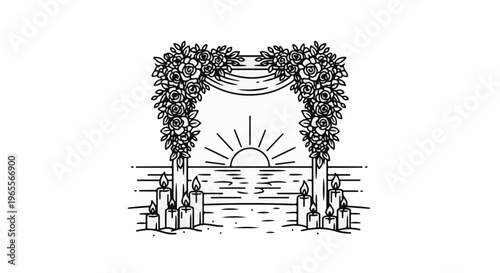 Romantic wedding arch adorned with roses and candles, sunset over water