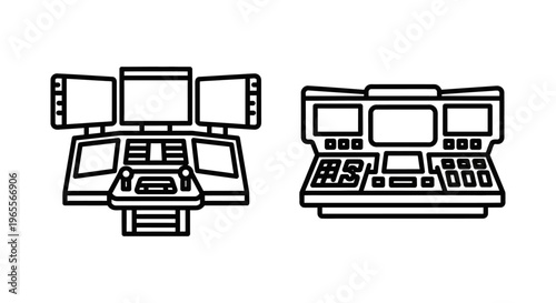 Mission control and control center workstation line icons isolated on white background representing remote operations command centers and monitoring systems for drone flights and tech centers