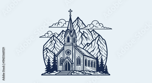Stylized church nestled among majestic mountains under cloudy skies