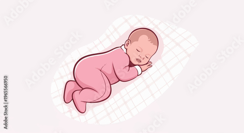 A sleeping baby in pink pajamas rests on a checkered blanket