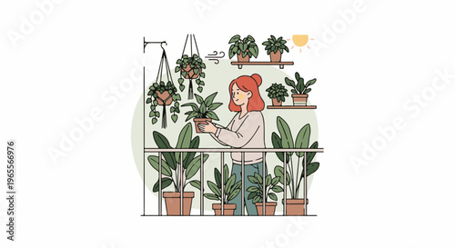 Person tending to many houseplants on a balcony with sun and wind