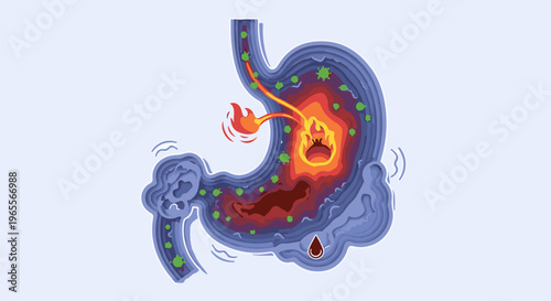 Diseased stomach with fire and green entities, a drop of blood