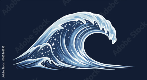 Pixel art of a cresting ocean wave with stars within its blue depths