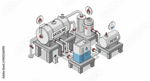 Industrial graphic of gasoline and diesel fuel storage tanks and processing equipment