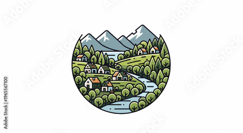 A stylized circular landscape depicts a village nestled within mountains, forest, and river