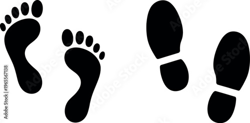 Human footprints icon set featuring different foot and shoe impressions, vector illustration for walking, hiking, fitness, and educational design