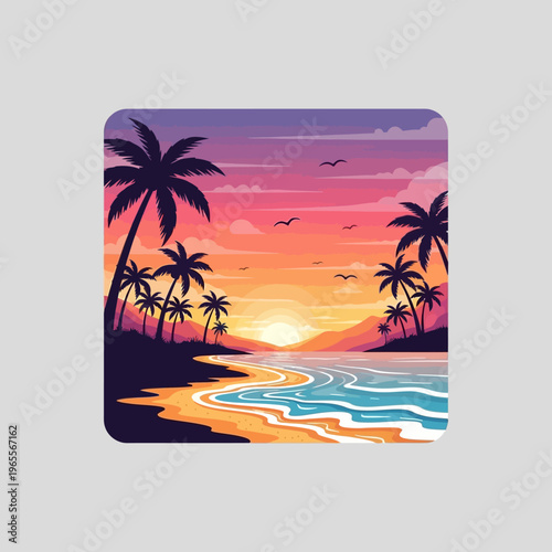 Vibrant Tropical Sunset Beach with Palm Trees and Ocean Waves