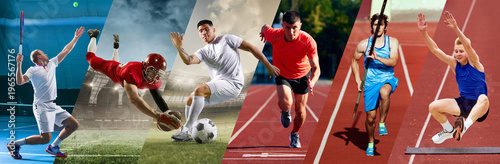 Fotografie Dynamic collage with athletes performing different sports on outdoor stadium backgrounds