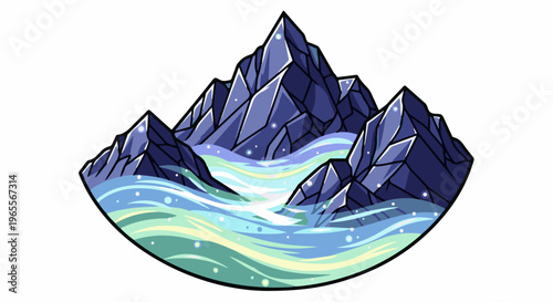 Jagged purple peaks surround a swirling blue and green river