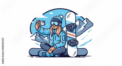 A snowboarder sits with her board and takes a selfie in the snowy mountains