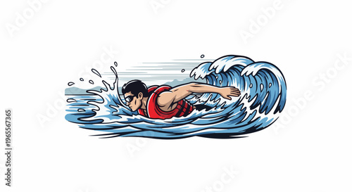 Man swims through a dynamic blue wave