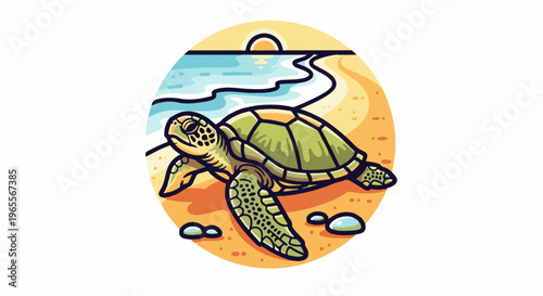 A stylized green sea turtle on a sandy beach with the ocean and sunset