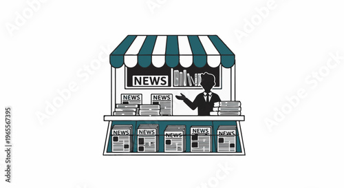 Man sells newspapers from a stall under a striped awning