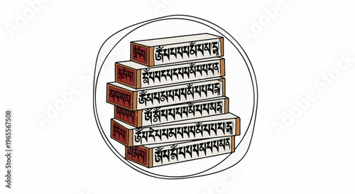 Stack of rectangular blocks with Tibetan script inside a circle
