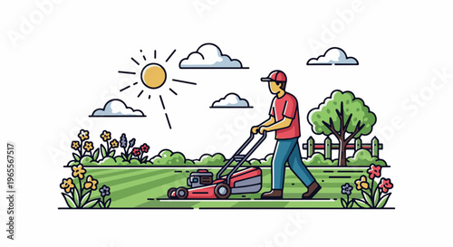 Person mowing a lawn with flowers, trees, and a fence under a sunny sky