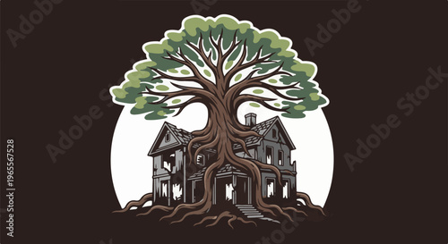 An ancient tree engulfs a decaying, abandoned house with visible roots