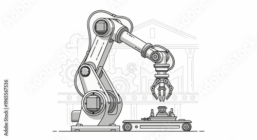 Industrial robotic arm on a conveyor belt, automated manufacturing, clean lines, minimalist