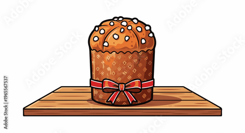 A sweet loaf with white dots, wrapped in a patterned paper and ribbon