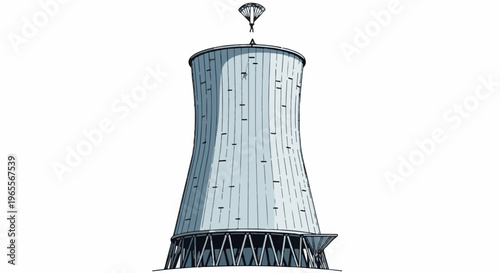 Parachutist descends from the top of a large cooling tower structure