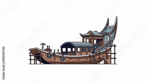 A wooden boat with traditional roofing rests on scaffolding