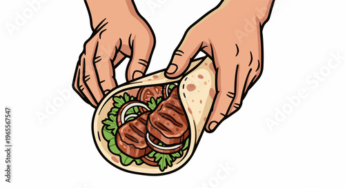 Hands skillfully wrap a loaded grilled meat kebab in a flatbread