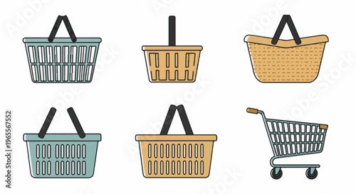 Six stylized shopping baskets and a cart, two of each in blue and tan