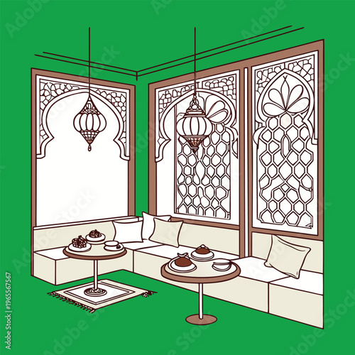 An elegant Arabic tea room with warm lanterns, patterned cushions, and rich aromas of mint tea, offering a cozy, cultural space for relaxation and conversation under soft light :)
