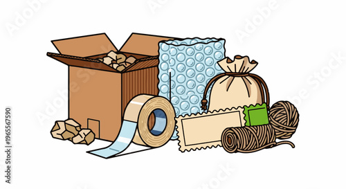 Assorted packing materials, including a box, tape, bubble wrap, and twine
