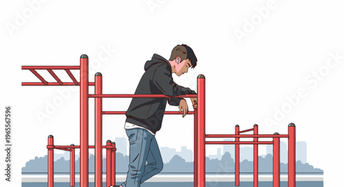 Person leaning on red exercise bars, urban background