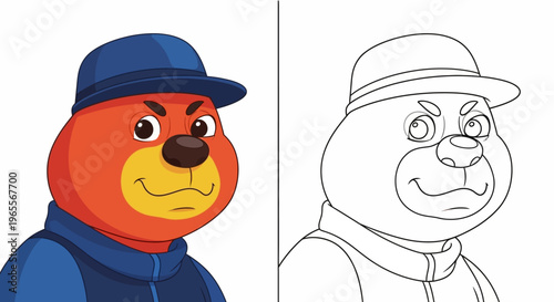 Cartoon Bear Character in Blue Hat and Jacket; Side-by-Side Colored Illustration and Black and White Line Art Coloring Page for Kids