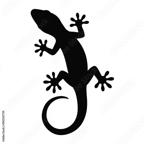 A minimalist black gecko silhouette stands vertically with a curled spiral tail and detailed toe pads.
