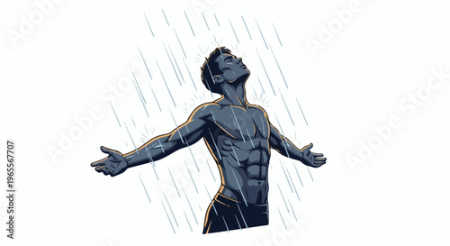 Muscular figure embracing rain with open arms and face uplifted