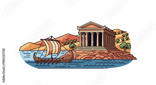 Ancient temple on rocky coast with sailing ship