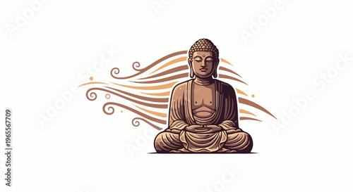 Pixelated Buddha in meditative pose with swirling abstract lines