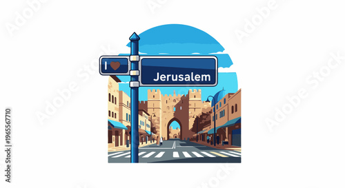 Pixel art depicts a street leading to a historic stone gate, with shops and a sign