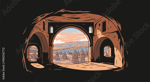 Ancient ruins framing a desert landscape with conical rock formations under a pastel sky