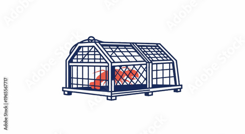 Red lobsters in a blue cage on a white background