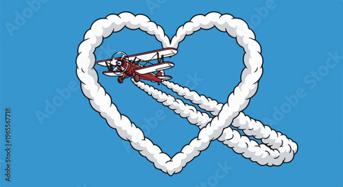 Red biplane flies through heart-shaped smoke trails in blue sky