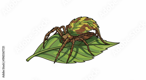 Brown spider with leaf-like camouflage on green leaf