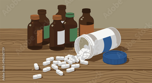 Brown bottles and pills spill from a white container onto wooden surface
