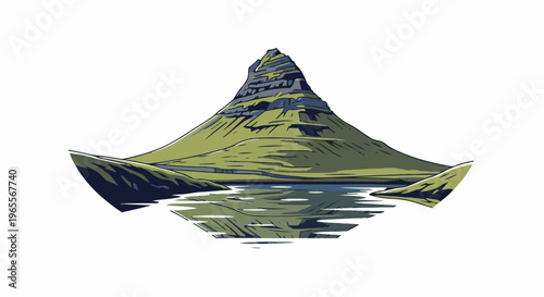 Green mountain peak with layered slopes reflected in water below