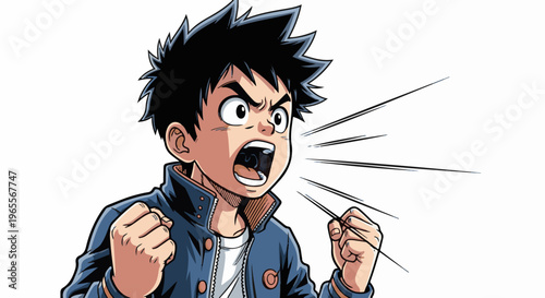 Angry cartoon boy shouting with fists clenched, lines emanate