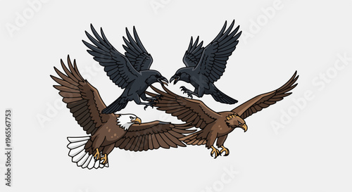 Pixelated eagles and crows in aerial battle over white background