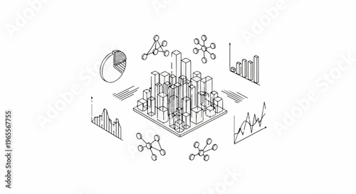 Isometric infographic illustrating data analysis, charts, and urban structure