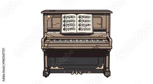 Antique upright piano with sheet music on a stand, on white background