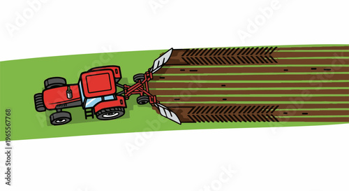 Red tractor plowing a brown field on a green grassy area